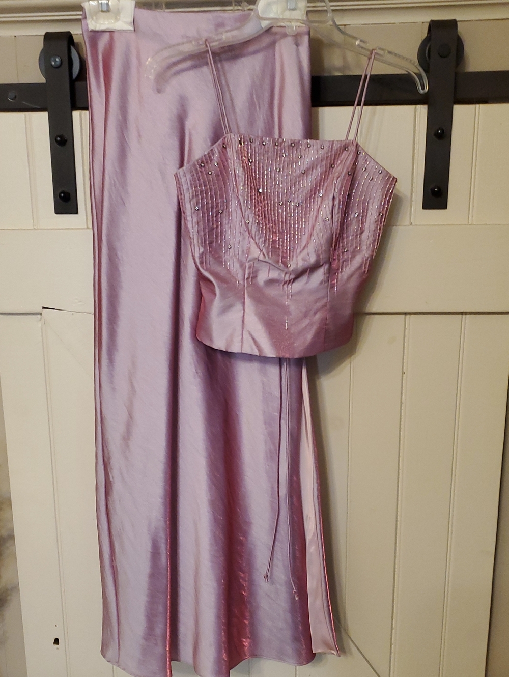 Beaded Satin Two-Piece Pearlessence Pink Skirt With Corset Top
